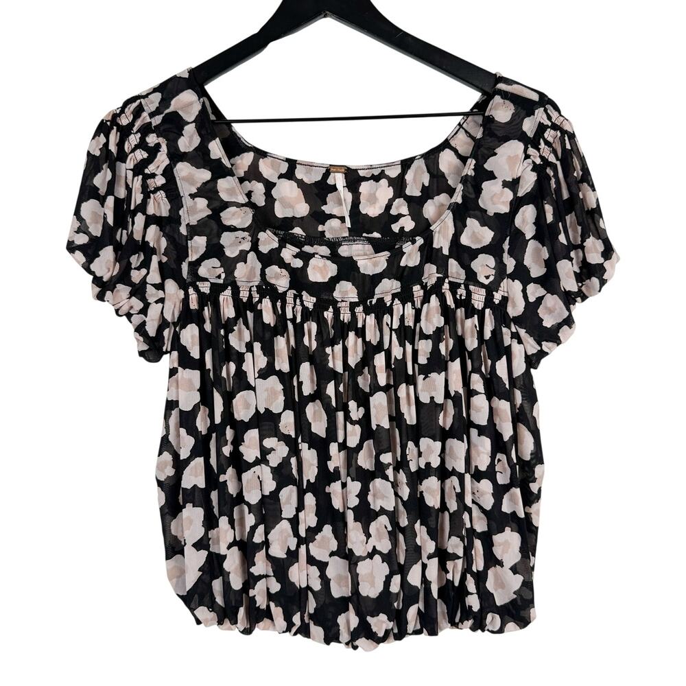 Free People Leopard Print Mesh Bubble Hem Top Black Pink - S